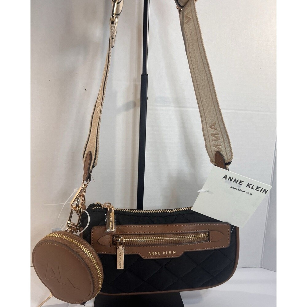 Anne Klein Nylon Crossbody Bag Black Brown Web Strap Coin Pouch NWT